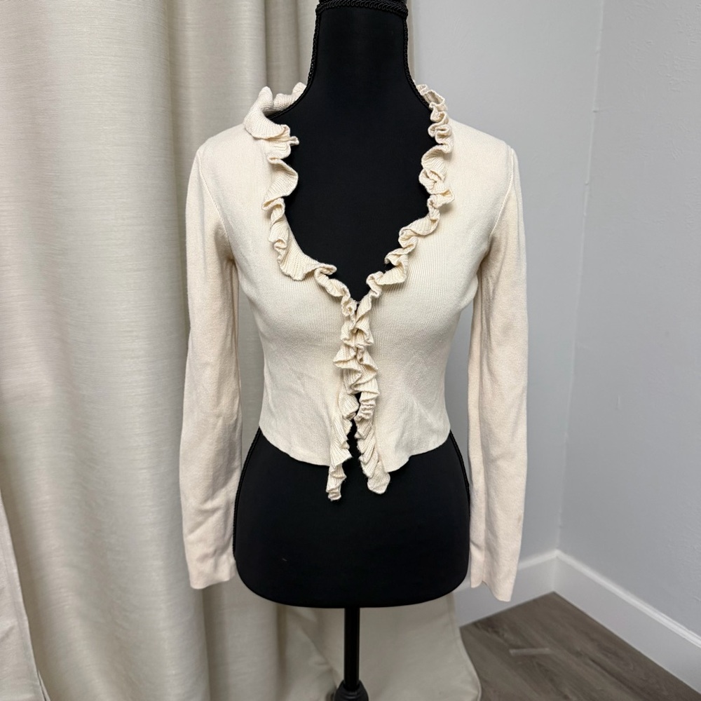 Urban Outfitters Ivory Ruffled Trimmed Cardigan
